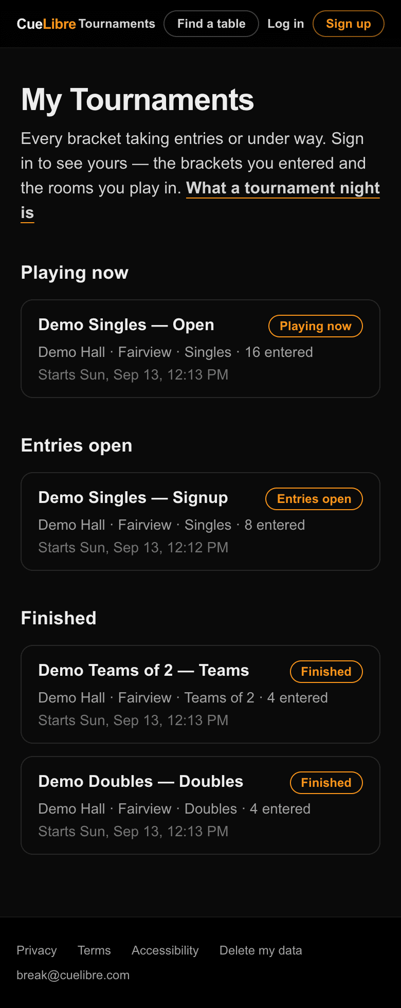 The My Tournaments page listing brackets playing now, taking entries, and finished