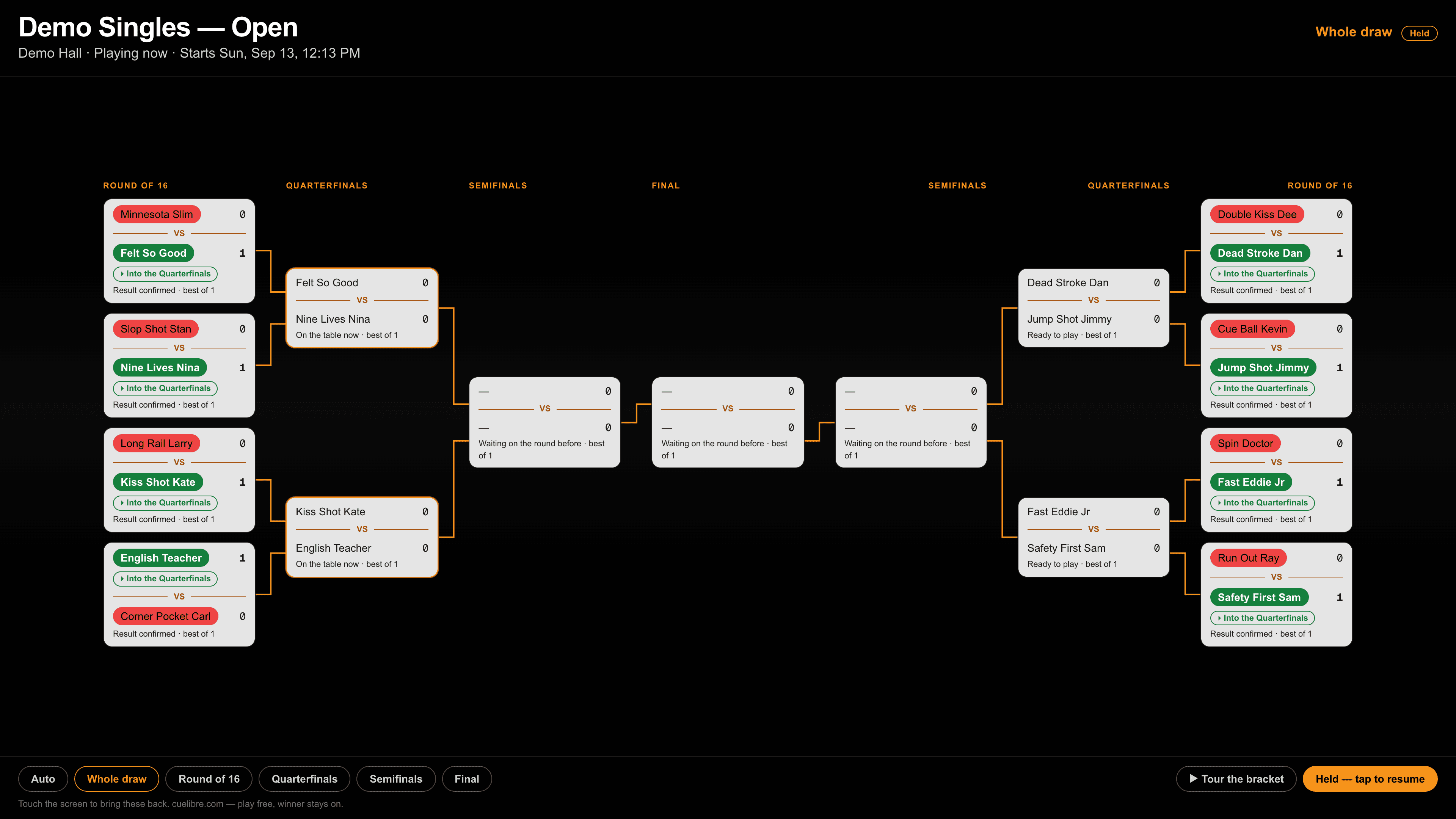 The tournament wall on a venue TV showing a full knockout draw with confirmed results and live matches